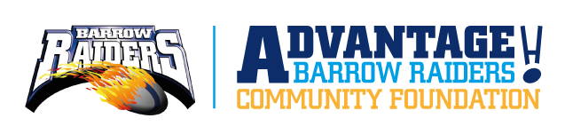 Image of Advantage! Barrow raiders Community Foundation reflects its roots in its association with Barrow Raiders rugby league, in that, it displays a flaming rugby ball, goal posts, together with the title.