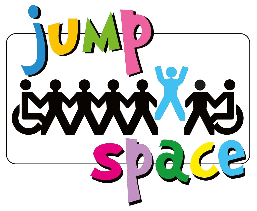 The logo for Jump Space Stockport. Each letter is a different fun colour surrounding a linking chain of symbols representing able bodied people and wheelchair users.