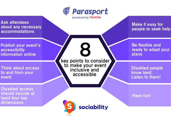 Infographic showing 8 bullet points to consider to create an inclusive and accessible event