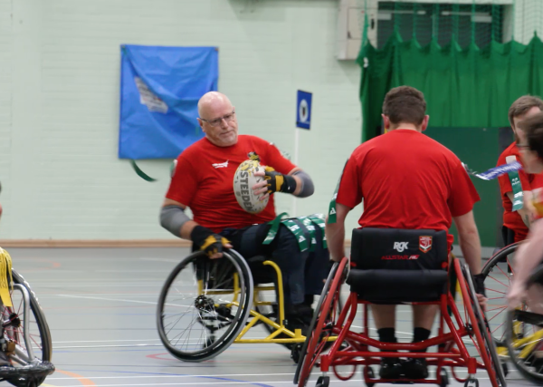 The North Wales Crusaders Wheelchair Rugby League club play a game in a sports hall