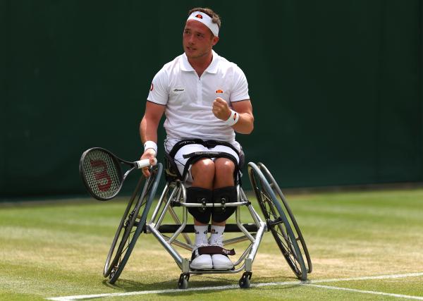 Alfie Hewett, wheelchair tennis athlete, celebrating post shot at Wimbledon 2023